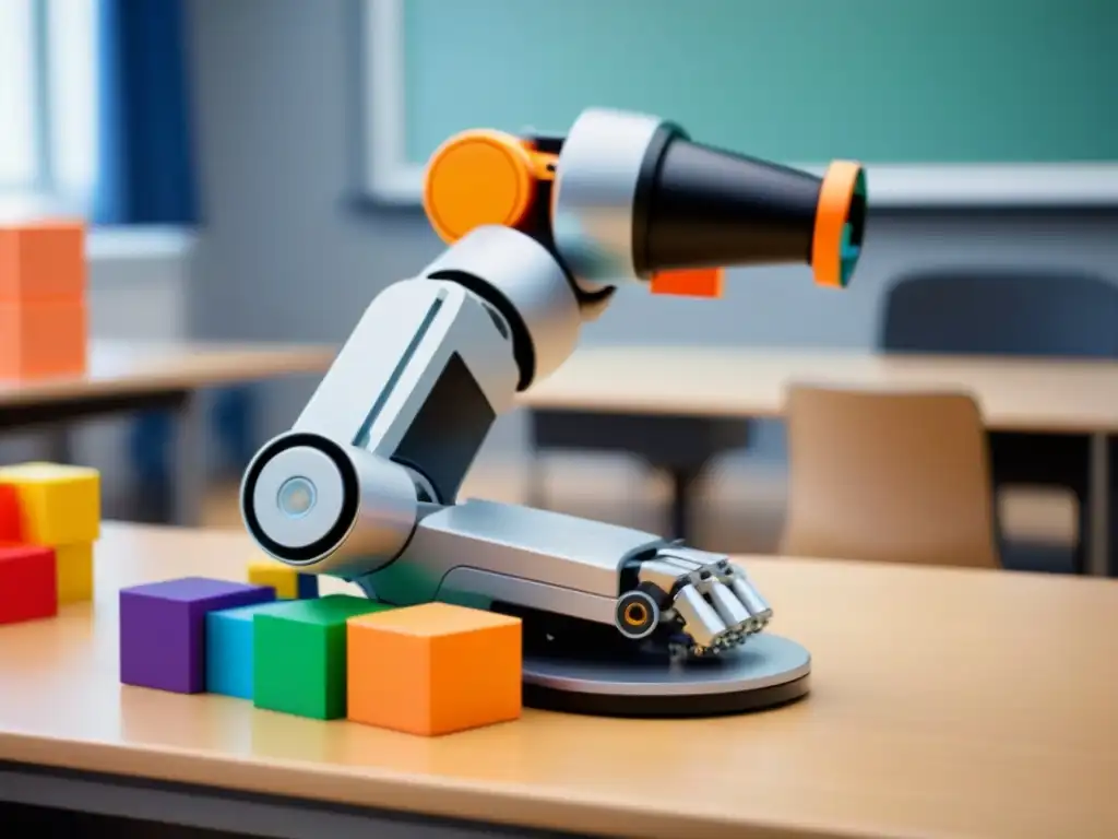 Un robot futurista ensambla bloques coloridos en un aula moderna