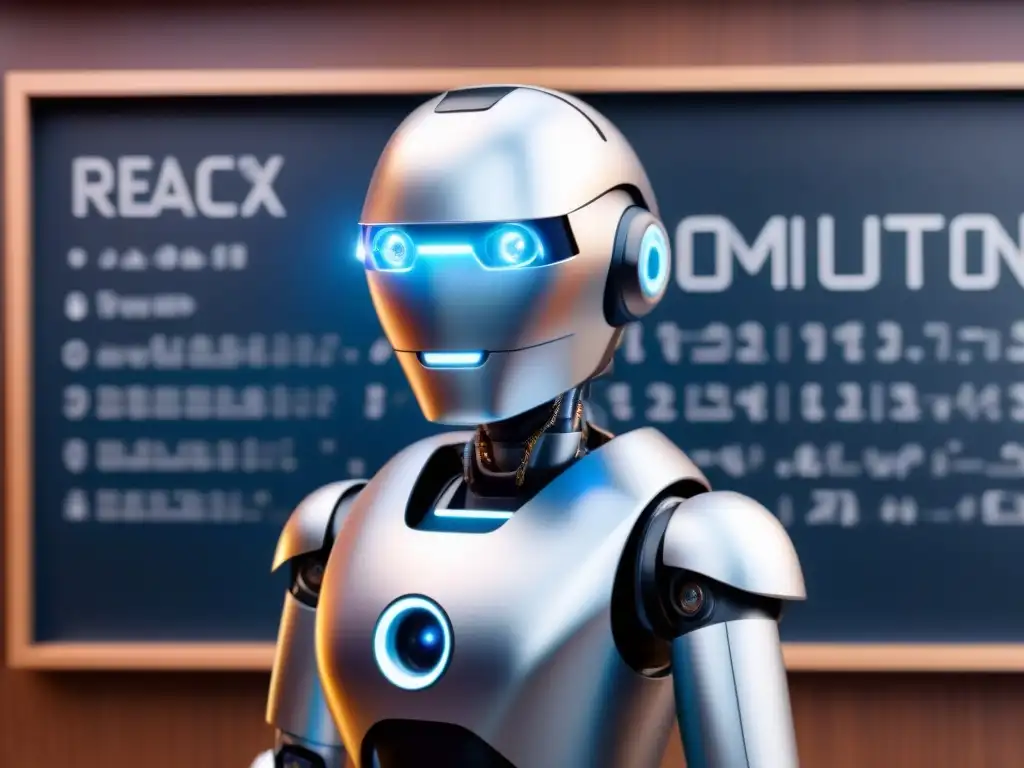 Un robot AI futurista frente a una pizarra llena de algoritmos, simbolizando la integración de la inteligencia artificial en publicidad educativa