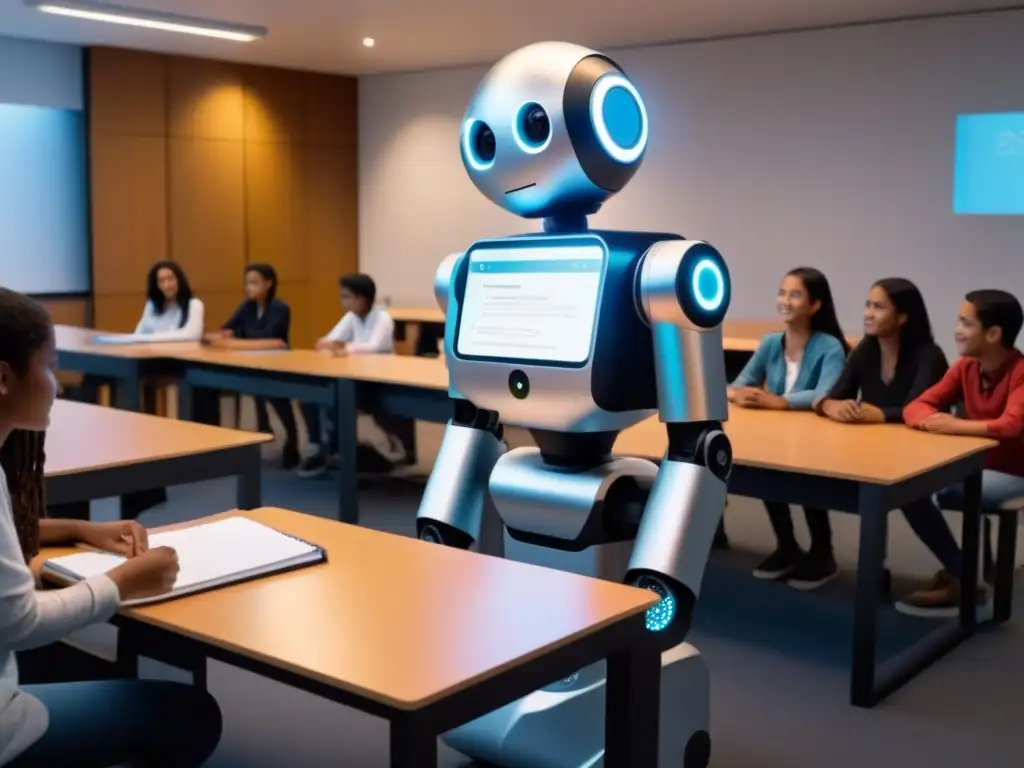 Un robot tutor interactúa con estudiantes diversos en un aula futurista en Uruguay, destacando la IA en evaluación educativa