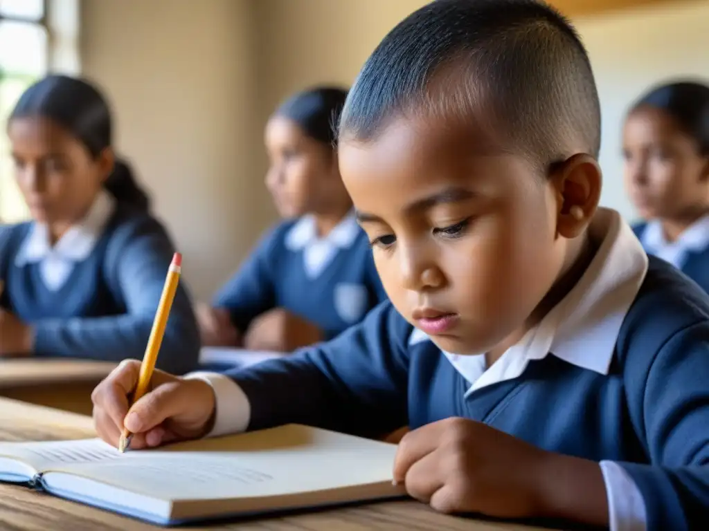 Inversión en educación rural en Uruguay: Niño atento en aula rural, escuchando al maestro, con cuaderno y lápiz