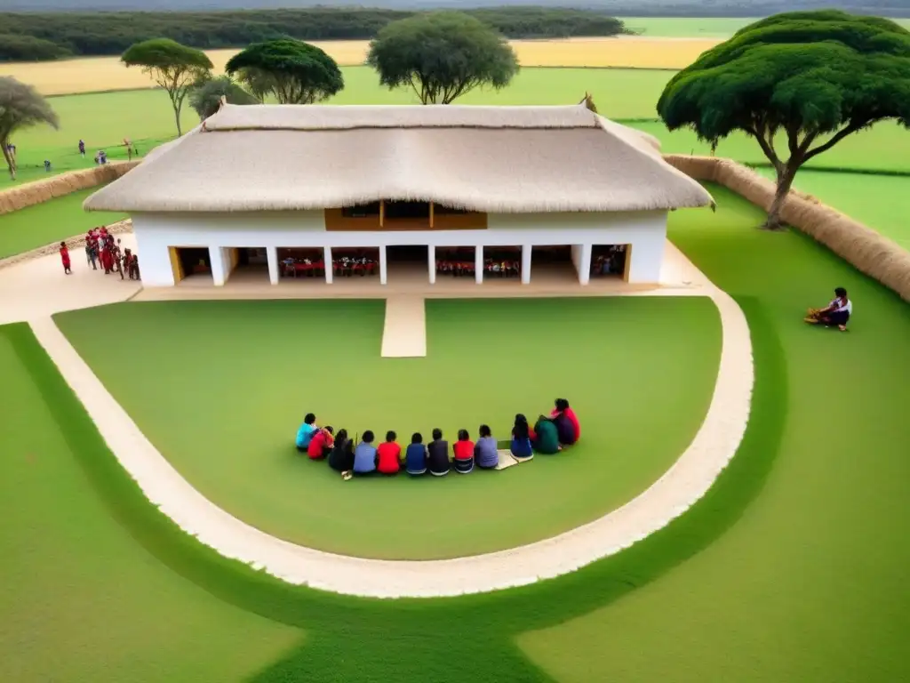 Educación rural en Uruguay: Escuela en campos verdes, niños aprendiendo juntos, maestro enseñando bajo un árbol