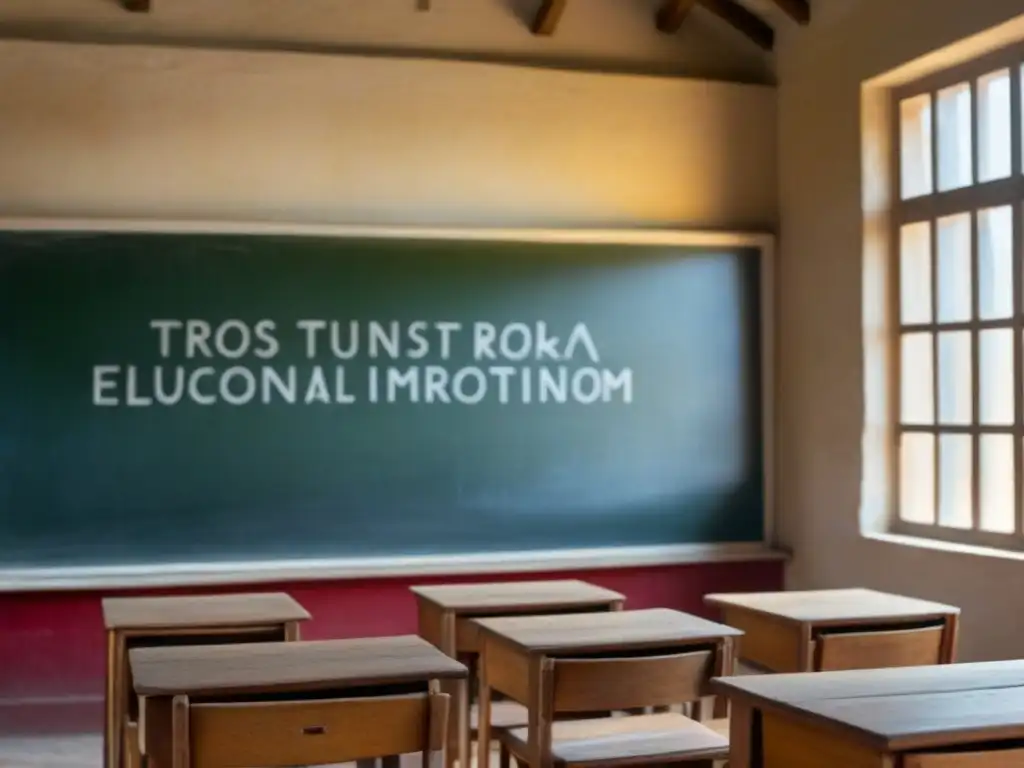 Transformación metodológica en educación rural Uruguay: aula rural con escritorio de madera y smartphone sobre él, iluminada por luz natural