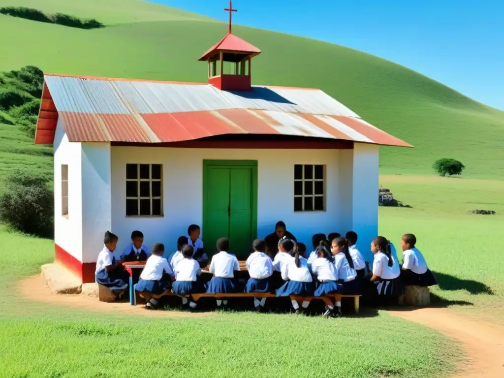 Educación rural en Uruguay: Experiencias internacionales - Escuela rural en colinas verdes con niños y maestro