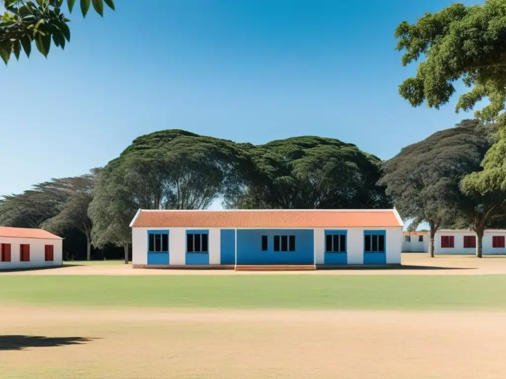 Inversión en educación rural en Uruguay: Escuela rural rodeada de campos verdes y cielo azul, con estudiantes y un ambiente tranquilo