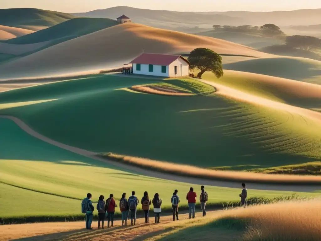 Una transformación metodológica en la educación rural de Uruguay: alumnos diversos aprenden con tecnología al amanecer en un paisaje rural sereno