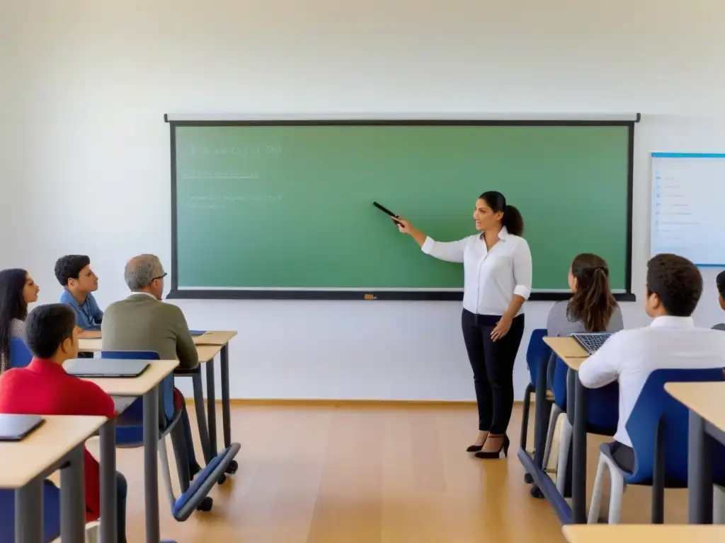 Sala de clase en Uruguay: enseñanza híbrida Flipped Classroom con estudiantes diversos participando en discusiones grupales y tecnología integrada