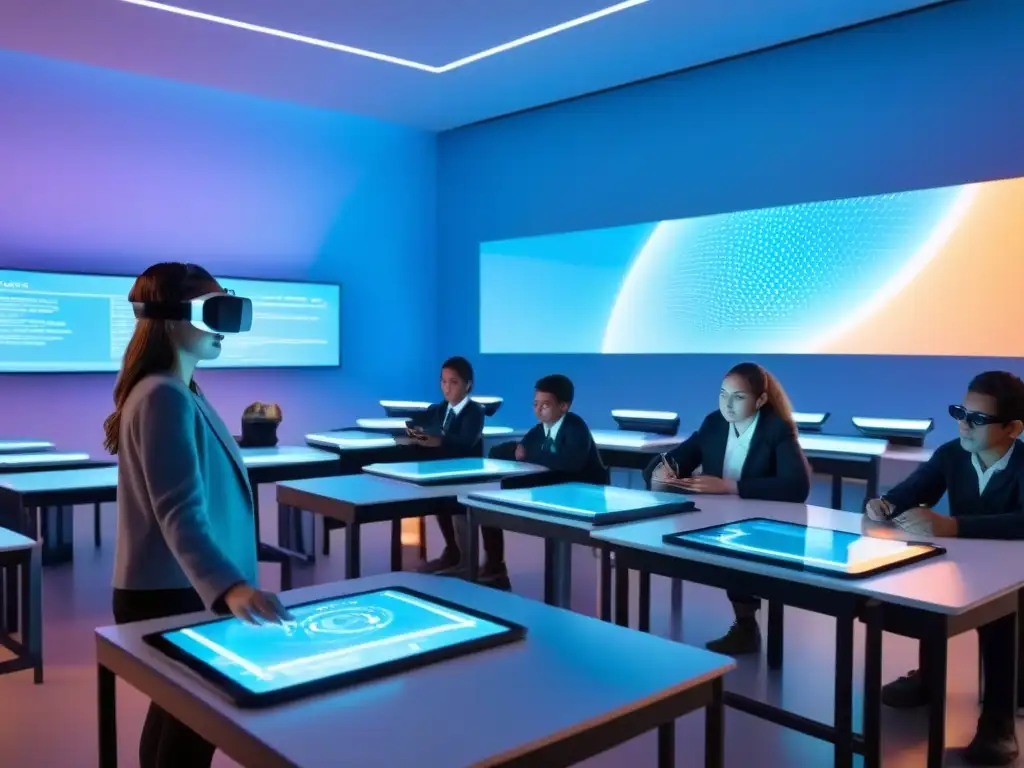 Sala de clase futurista en Uruguay con tecnología educativa avanzada y estudiantes inmersos en experiencias de realidad virtual