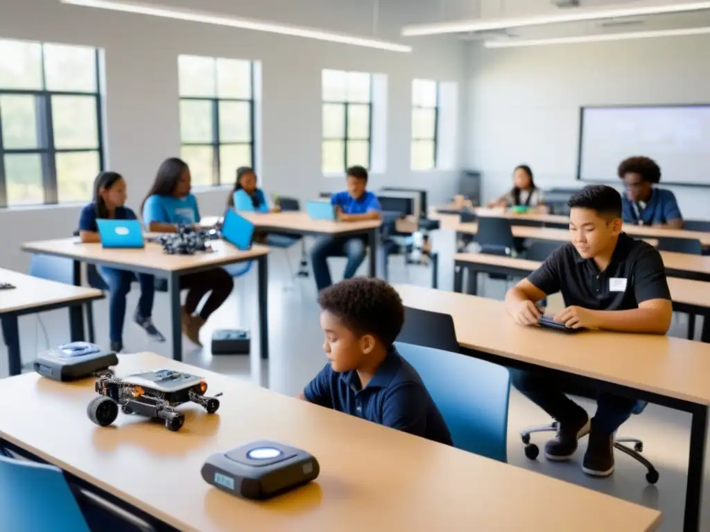 Sala de clase moderna con ambiente minimalista, estudiantes diversos colaborando en proyectos de robótica educativa en Uruguay