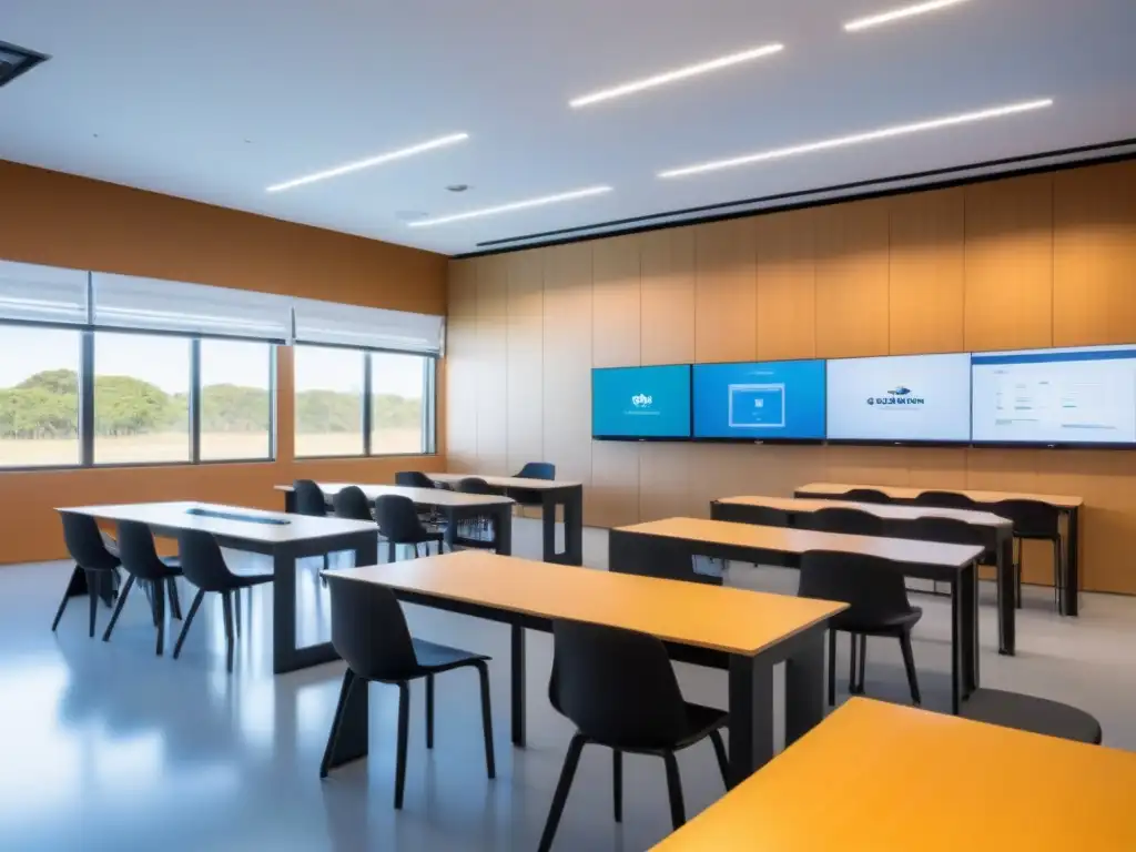 Sala de clase moderna en un centro educativo de startups en Uruguay, con tecnología avanzada y diseño minimalista