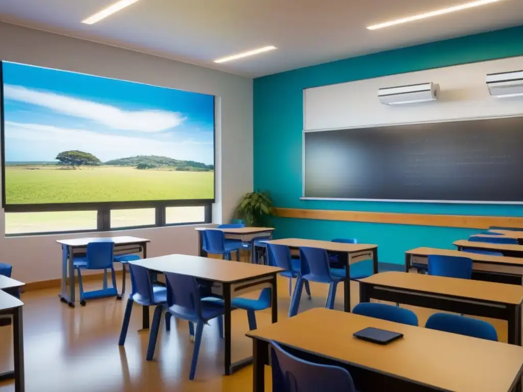 Sala de clase moderna en Uruguay con las mejores tecnologías educativas, estudiantes colaborativos y ambiente innovador