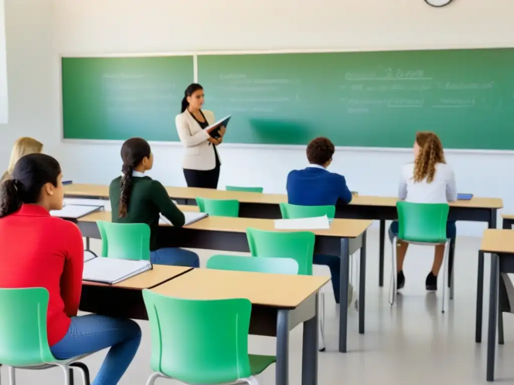 Sala de clase moderna en Uruguay integrando tecnología y métodos tradicionales, con estudiantes colaborando y maestra facilitando discusiones