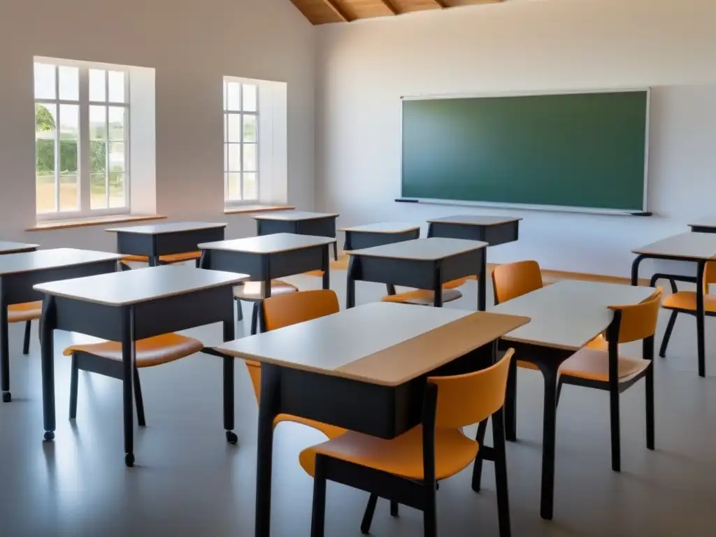 Sala de clase moderna en Uruguay con educación híbrida, mezcla de mobiliario tradicional y tecnológico bajo suave luz natural