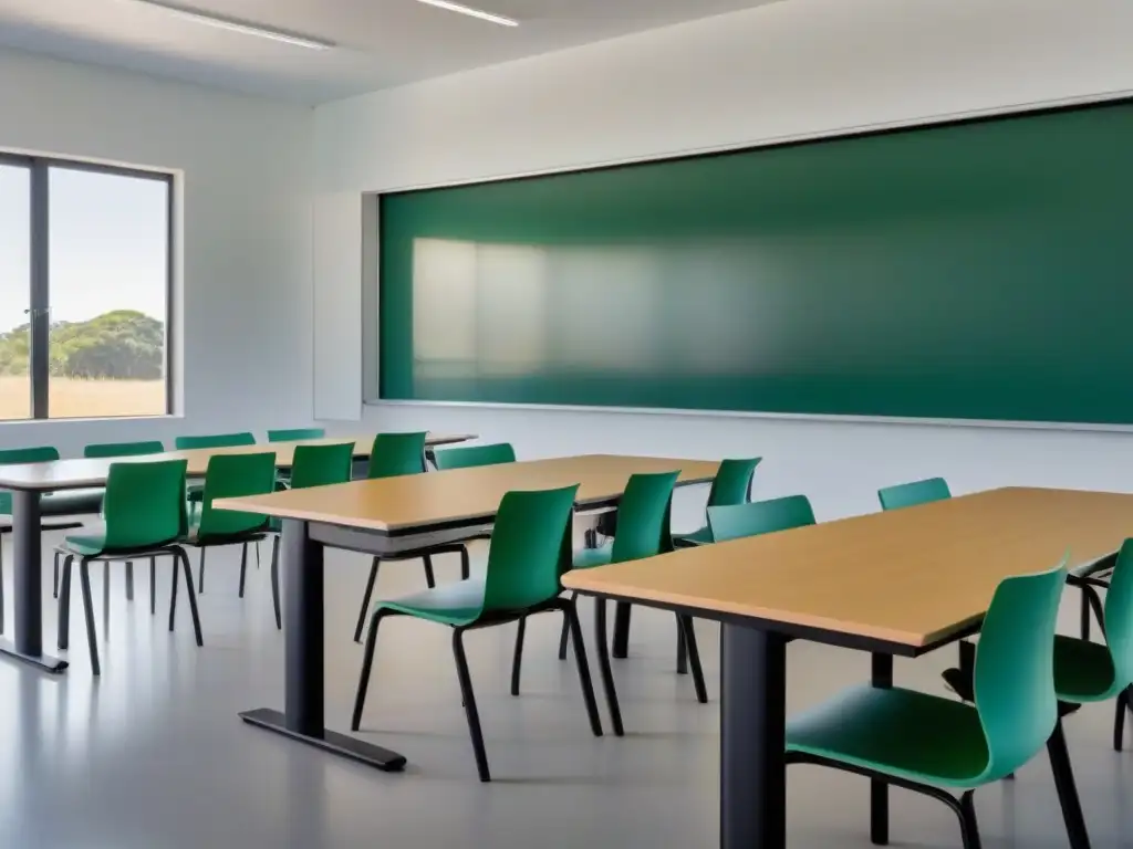 Sala de clase moderna en Uruguay con prácticas enseñanza innovadoras, mobiliario sleek y materiales educativos coloridos