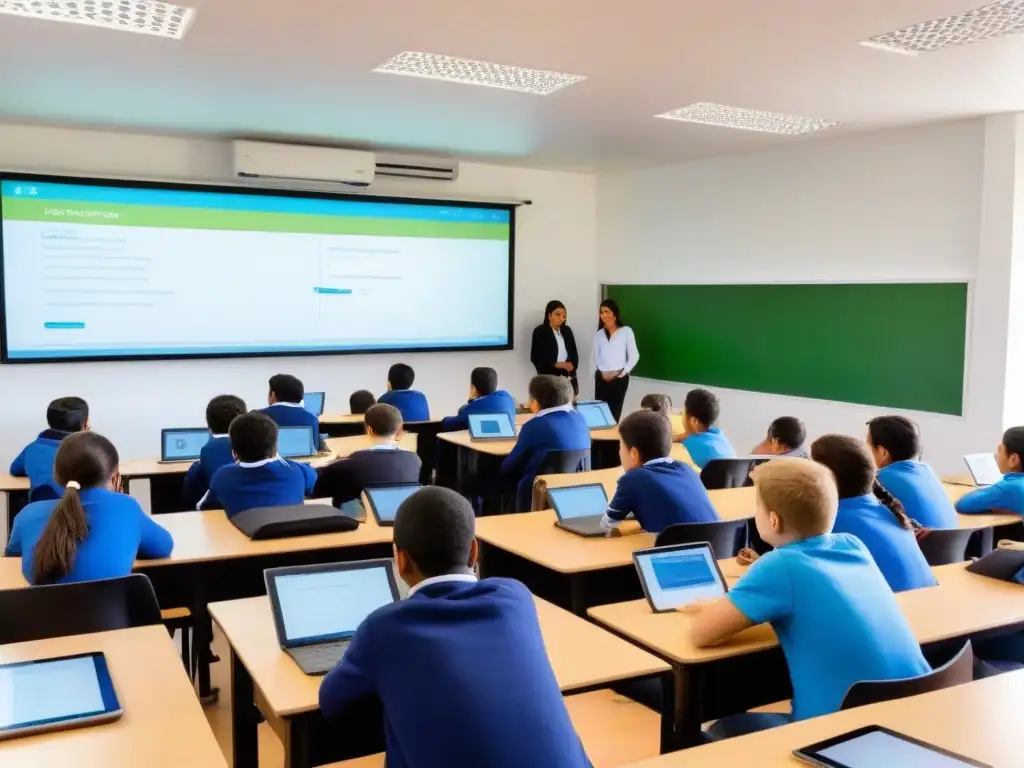 Sala de clase en Uruguay con tecnologías educativas e innovación, estudiantes colaborando en proyecto