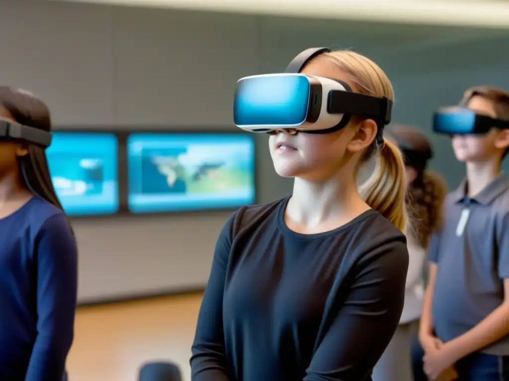 Sala de clases con estudiantes de primaria y secundaria usando Realidad Aumentada en Educación Uruguay, inmersos en una lección virtual