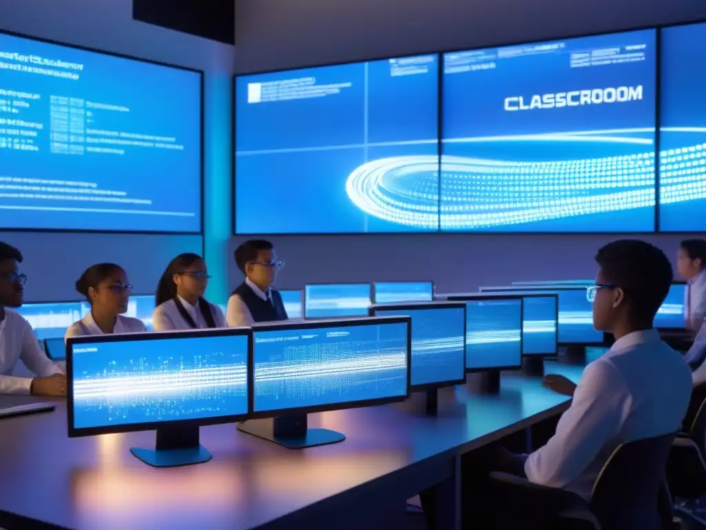 Sala de clases futurista con brazos robóticos programando en pantallas transparentes mientras estudiantes observan con asombro