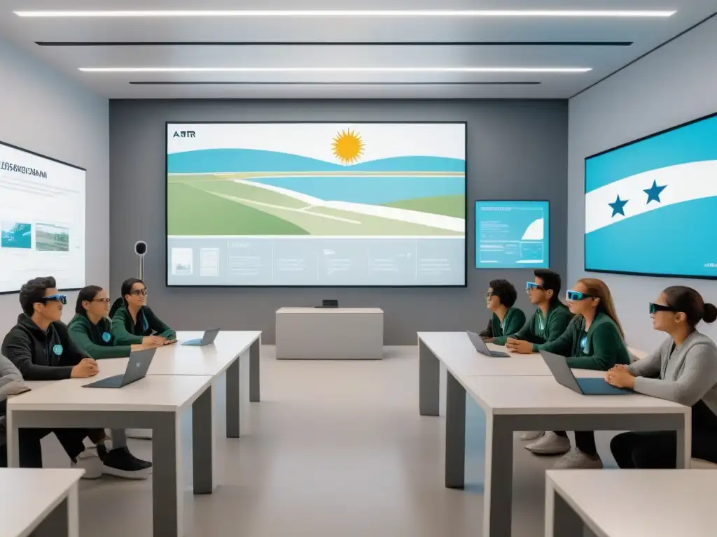 Sala de clases futurista en Uruguay con estudiantes usando gafas de Realidad Aumentada, interactuando con contenido educativo virtual