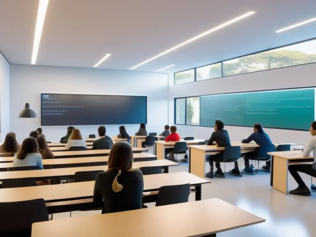 Aula futurista en Uruguay con herramientas educativas AI personalizadas Sala de clases futurista en Uruguay con herramientas educativas de IA, alumnos diversos aprendiendo de forma personalizada