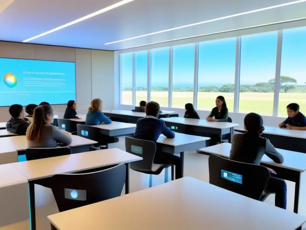 Sala de clases futurista en Uruguay con las mejores tecnologías educativas integradas, estudiantes interactuando con lecciones digitales