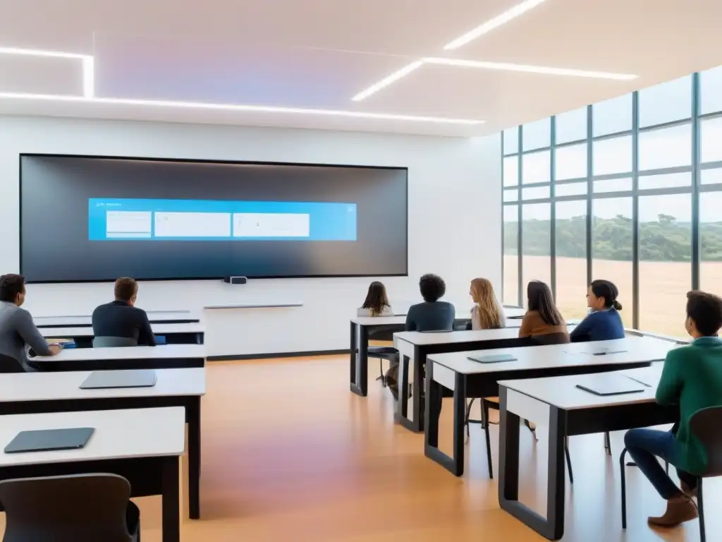 Sala de clases futurista en Uruguay con tecnología AI, iluminación natural y estudiantes colaborativos