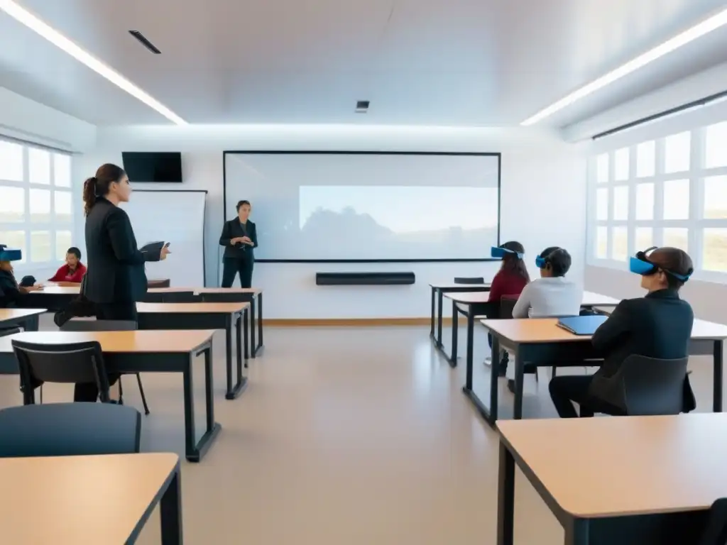 Sala de clases futurista en Uruguay: pizarras digitales, realidad virtual, tecnología avanzada y luz natural