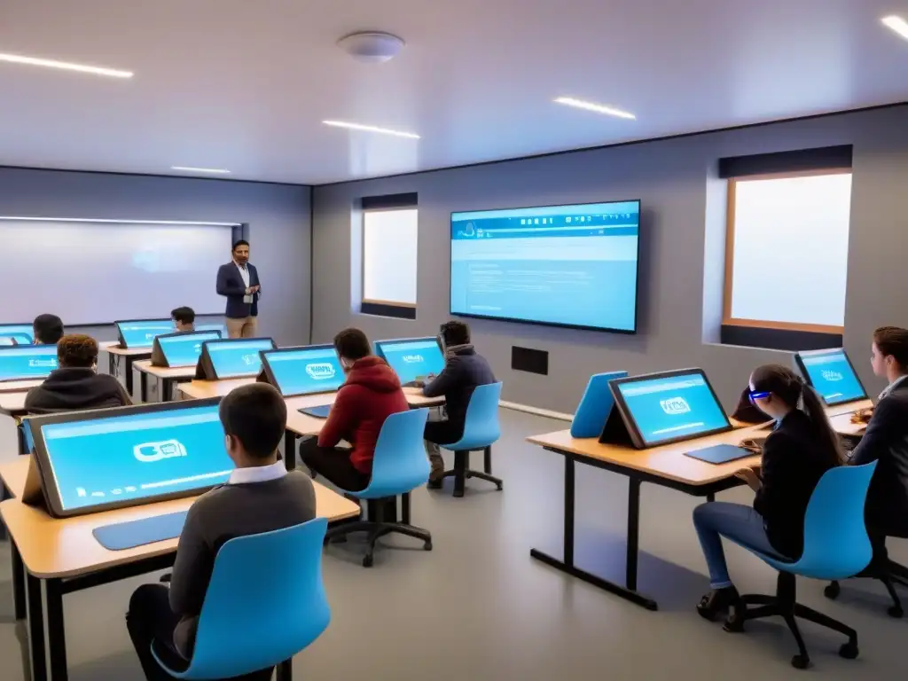 Sala de clases futurista en Uruguay con tecnología avanzada y estándares internacionales calidad educativa Uruguay