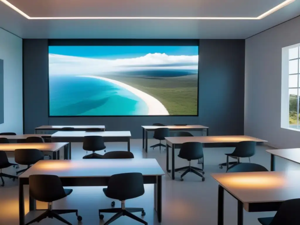 Sala de clases futurista en Uruguay 2025 con tecnología integrada y alumnos diversos