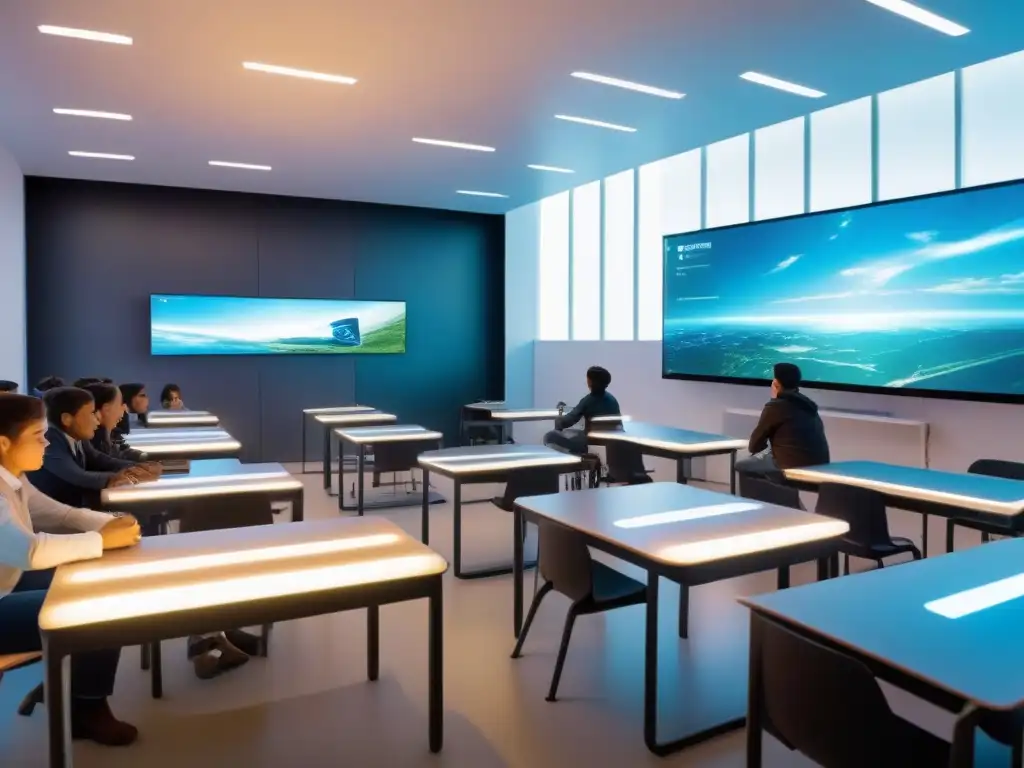 Sala de clases futurista en Uruguay con tecnología avanzada y estudiantes inmersos en aprendizaje virtual