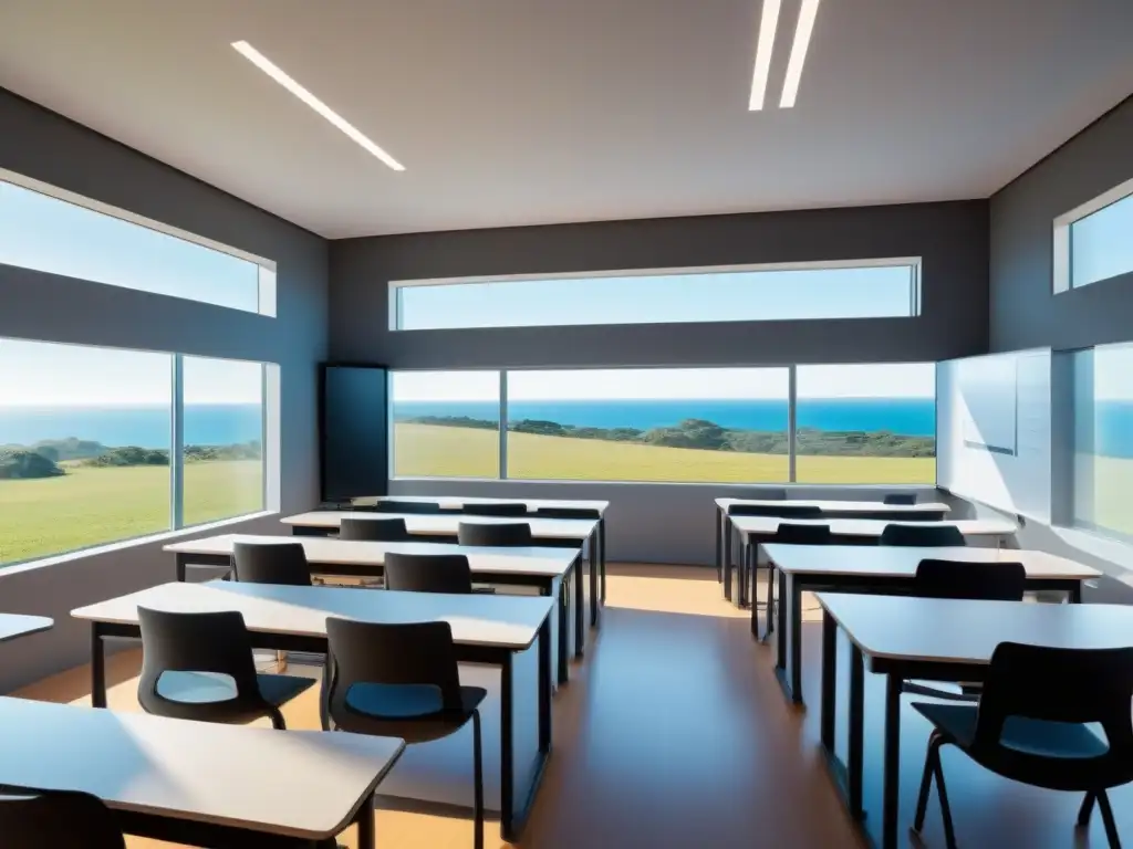 Sala de clases futurista en Uruguay con tecnología educativa avanzada y diseño minimalista