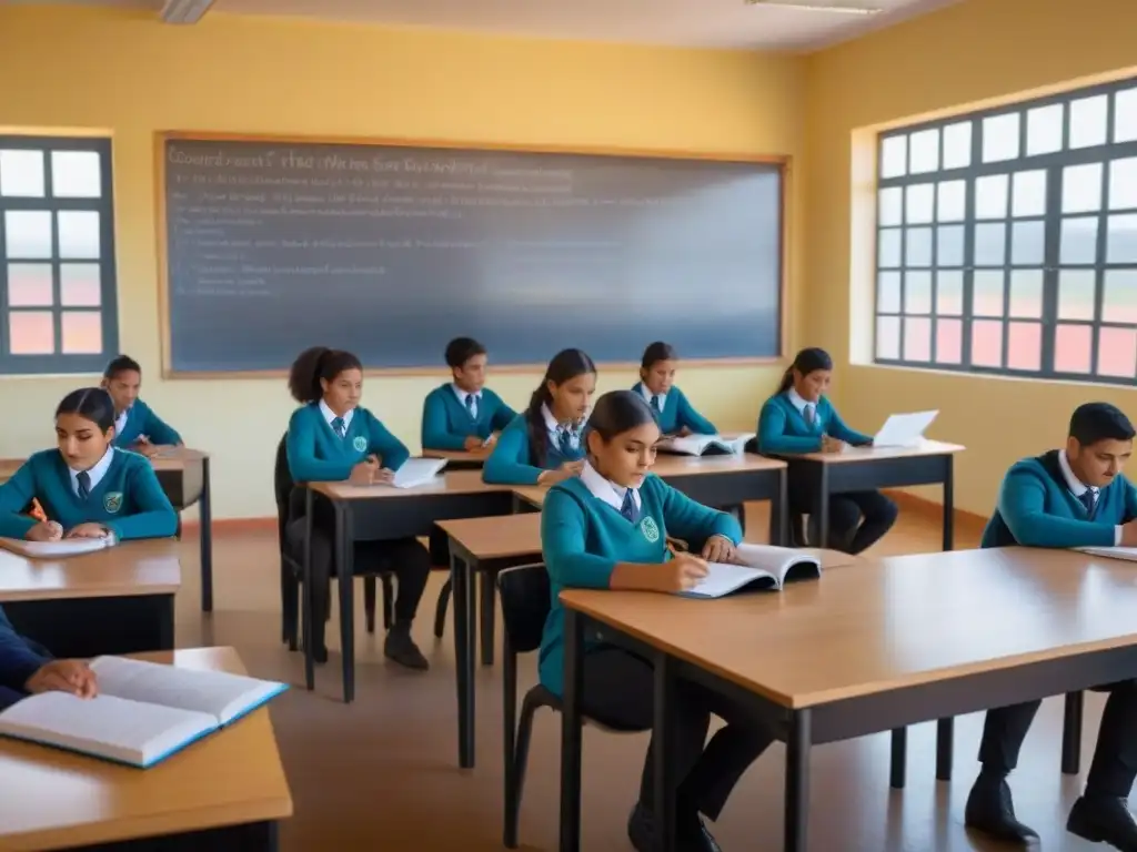 Sala de clases minimalista en Uruguay: enseñanza multimodal con estudiantes diversos participando activamente