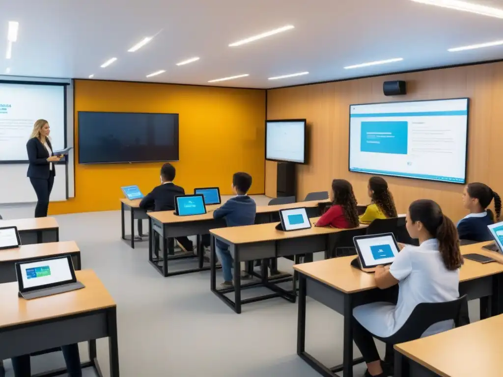 Sala de clases moderna en Uruguay con tecnología blockchain en políticas educativas