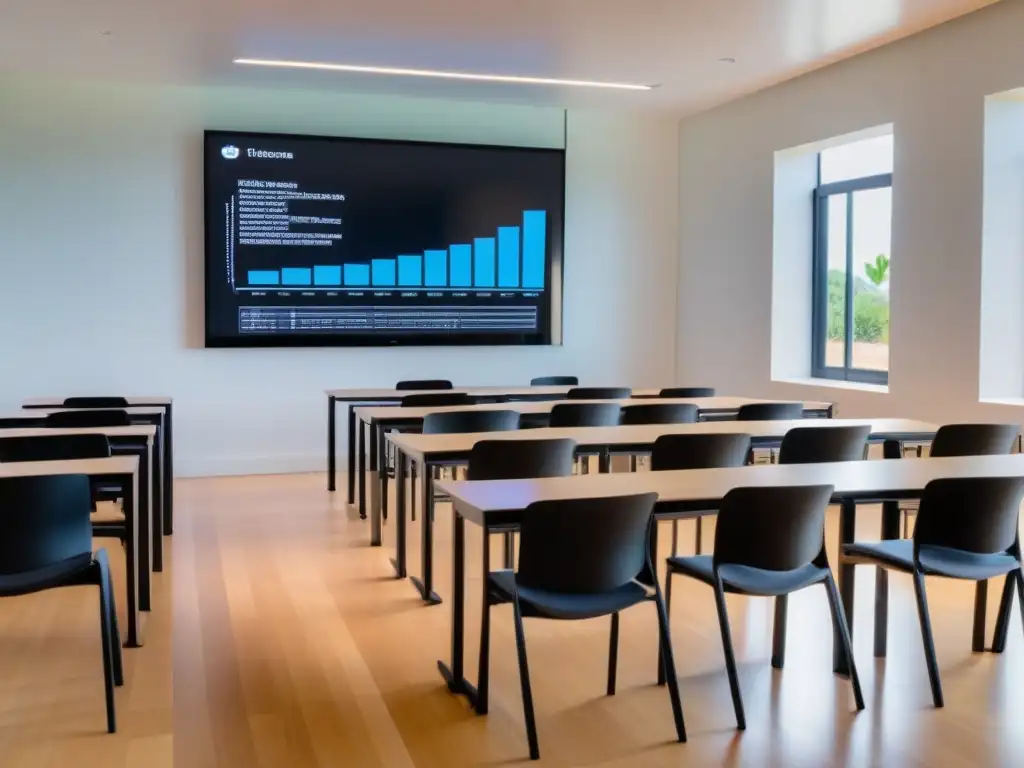 Sala de clases moderna en Uruguay para certificaciones en Analítica de Datos, con muebles ergonómicos y pantalla digital