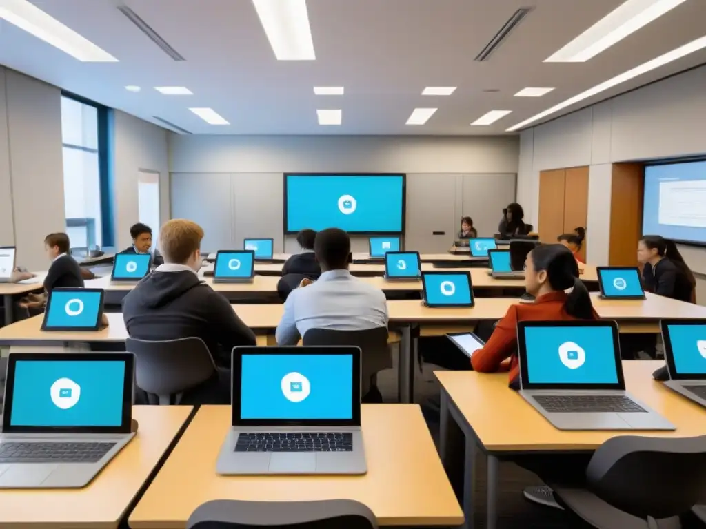 Sala de clases moderna en Uruguay con gamificación educativa, alumnos participando en actividades interactivas con tecnología