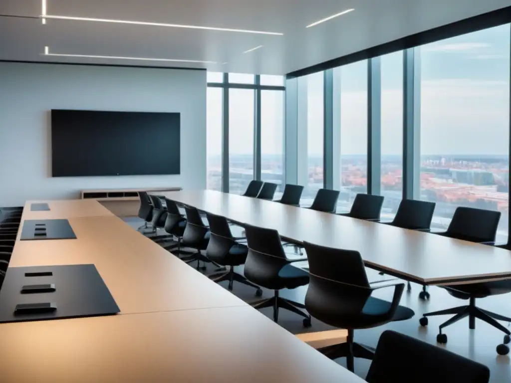 Sala de clases moderna en una escuela de negocios, con mesa de conferencias, sillas ergonómicas y vista a la ciudad