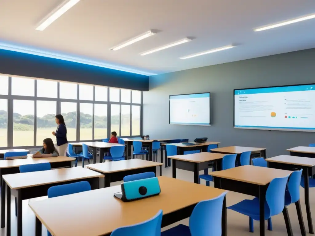 Sala de clases moderna en Uruguay con estudiantes usando tecnologías educativas, ambiente innovador y dinámico