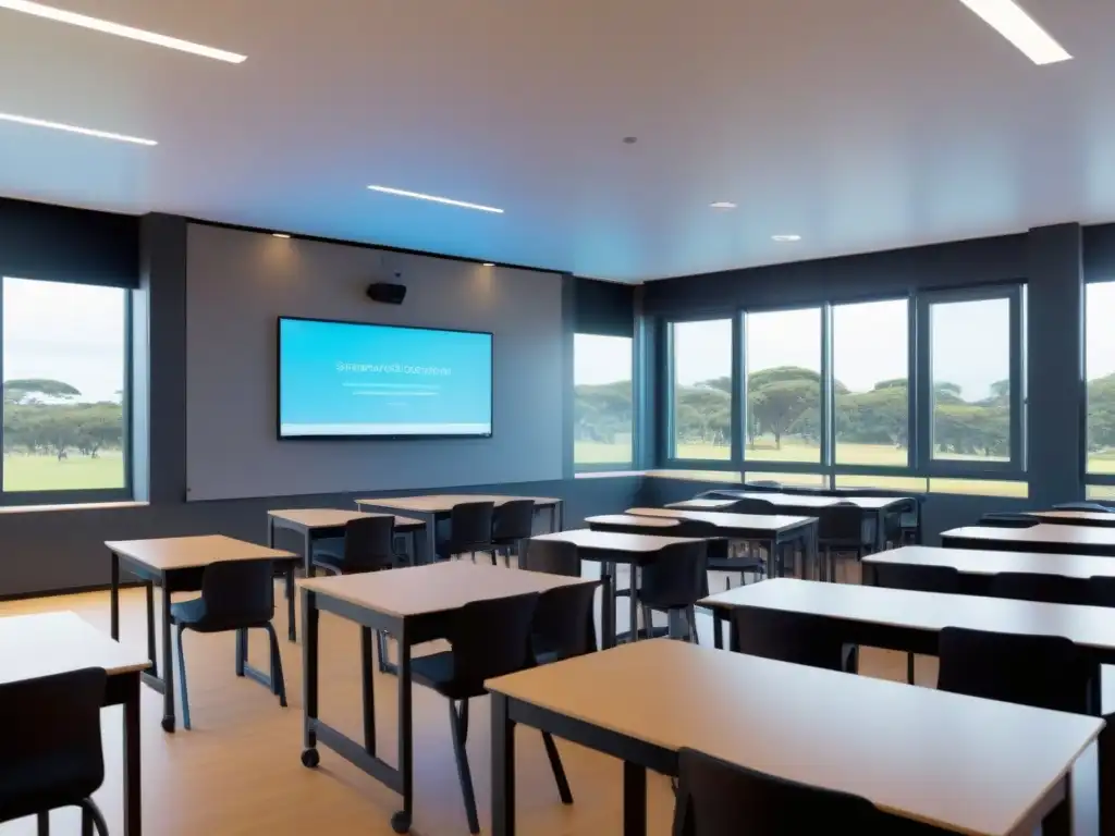 Sala de clases moderna en Uruguay con tecnología IoT y estudiantes colaborativos