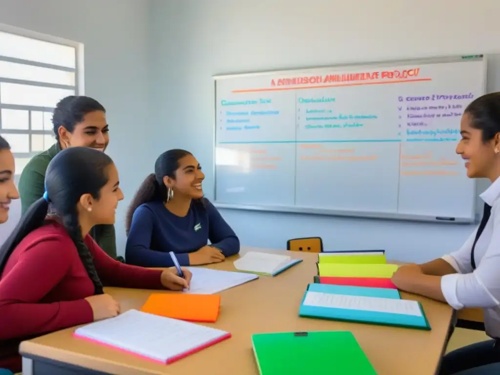 Sala de clases moderna en Uruguay con estudiantes diversos participando en un proyecto colaborativo