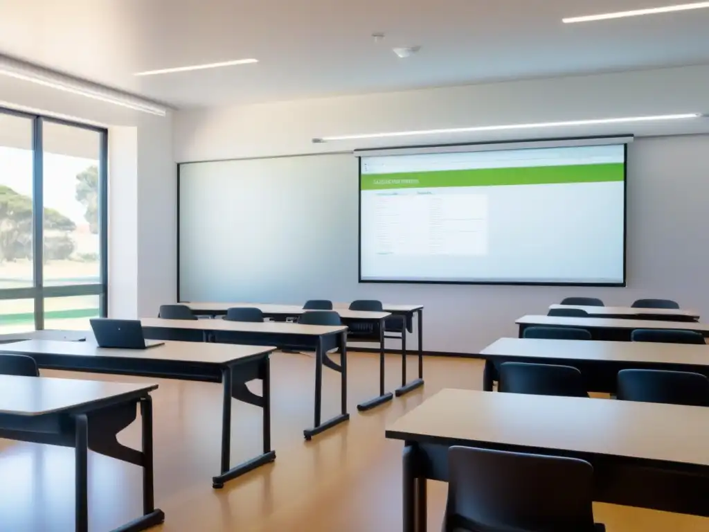 Sala de clases moderna en Uruguay con herramientas digitales para educadores uruguayos, iluminación natural y diseño minimalista