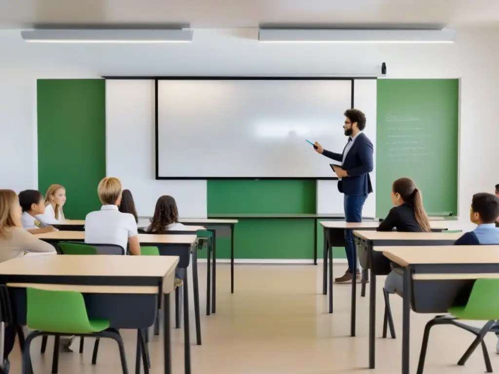 Sala de clases moderna en Uruguay con plataformas AdTech educación Uruguay, estudiantes y profesor interactuando en entorno tecnológico