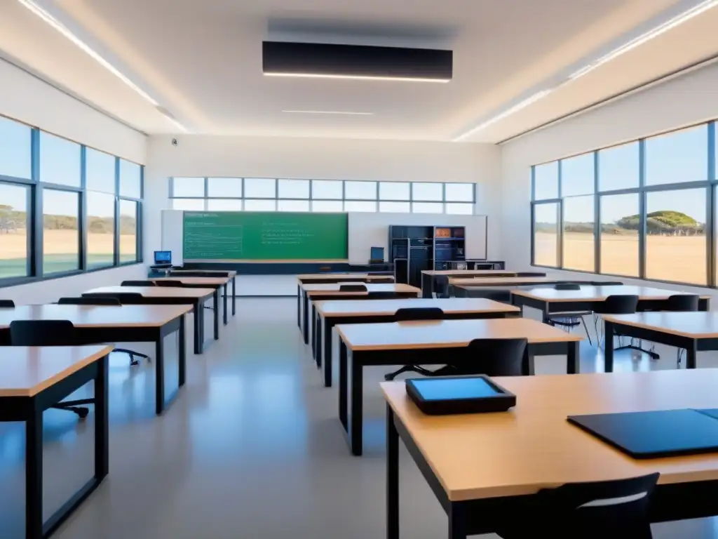 Sala de clases moderna en Uruguay para STEM siglo XXI con estudiantes variados y equipo tecnológico avanzado