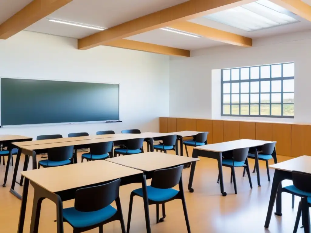 Sala de clases moderna en Uruguay con tecnología innovadora para reformas educativas