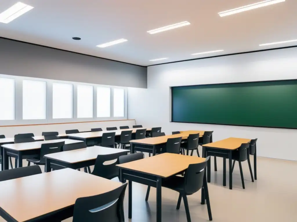 Sala de clases moderna en Uruguay con tecnología innovadora y estudiantes colaborando