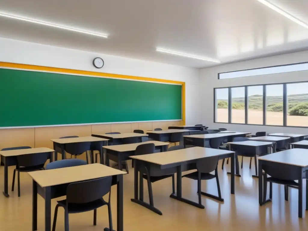 Sala de clases moderna en Uruguay con tecnología avanzada y estudiantes participativos, reflejando el impacto de las reformas educativas en Uruguay