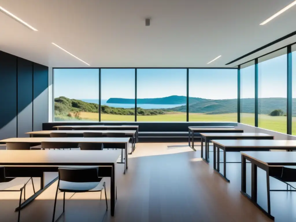 Sala de clases moderna en Uruguay, con tecnología de vanguardia y muebles minimalistas