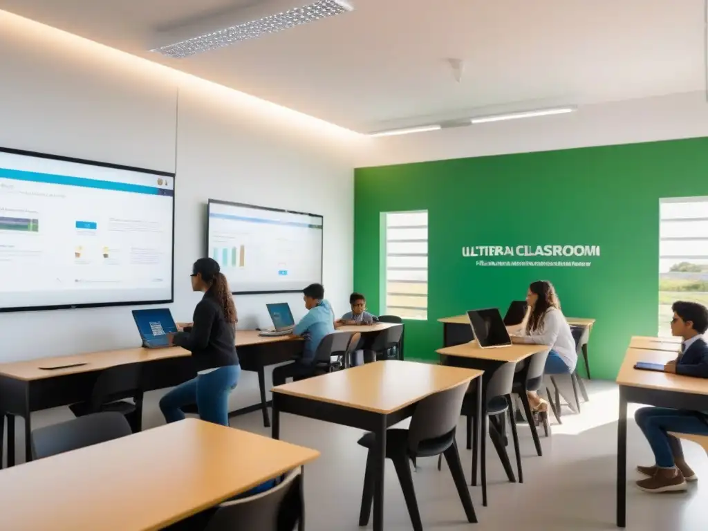 Una sala de clases moderna en Uruguay con tecnología educativa de vanguardia, estudiantes diversos colaborando