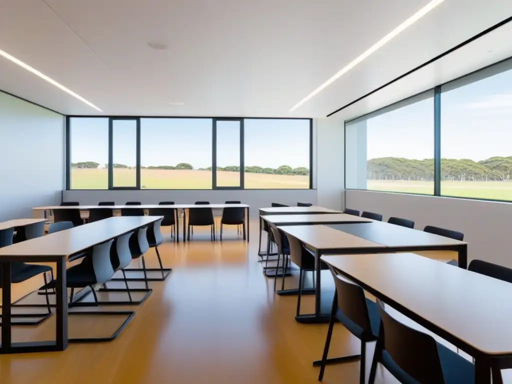 Sala de clases moderna en Uruguay con tecnología educativa avanzada y estudiantes diversos participando en evaluación de competencias