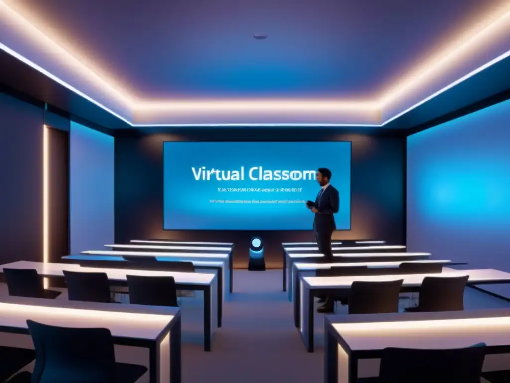 Sala de clases virtual futurista con tecnología avanzada, iluminación ambiental y diseño moderno para cursos online con certificación en Uruguay