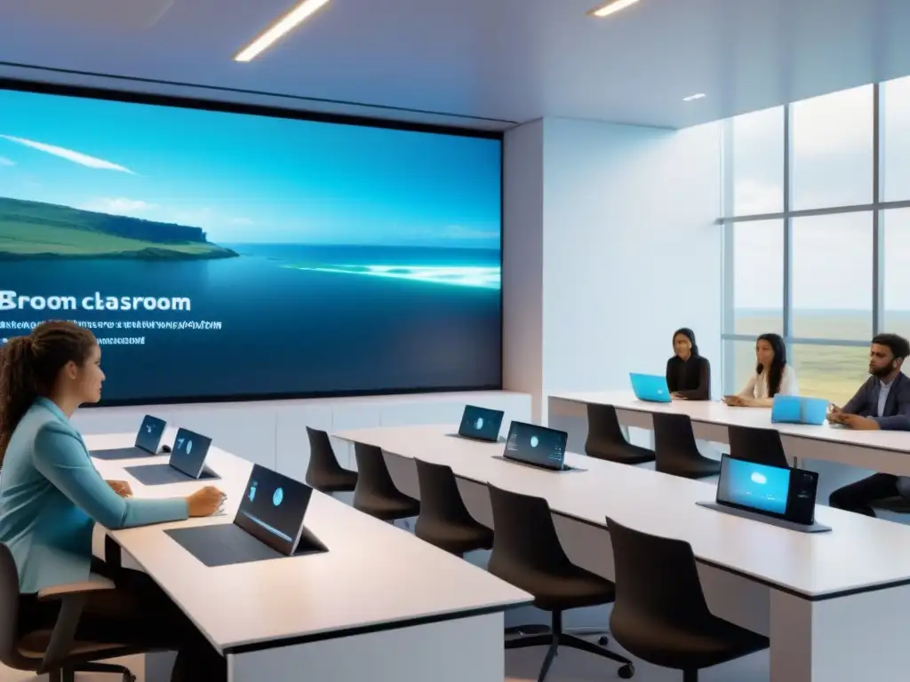 Sala de clases virtual futurista en Uruguay con diseño minimalista y herramientas elearning avanzadas