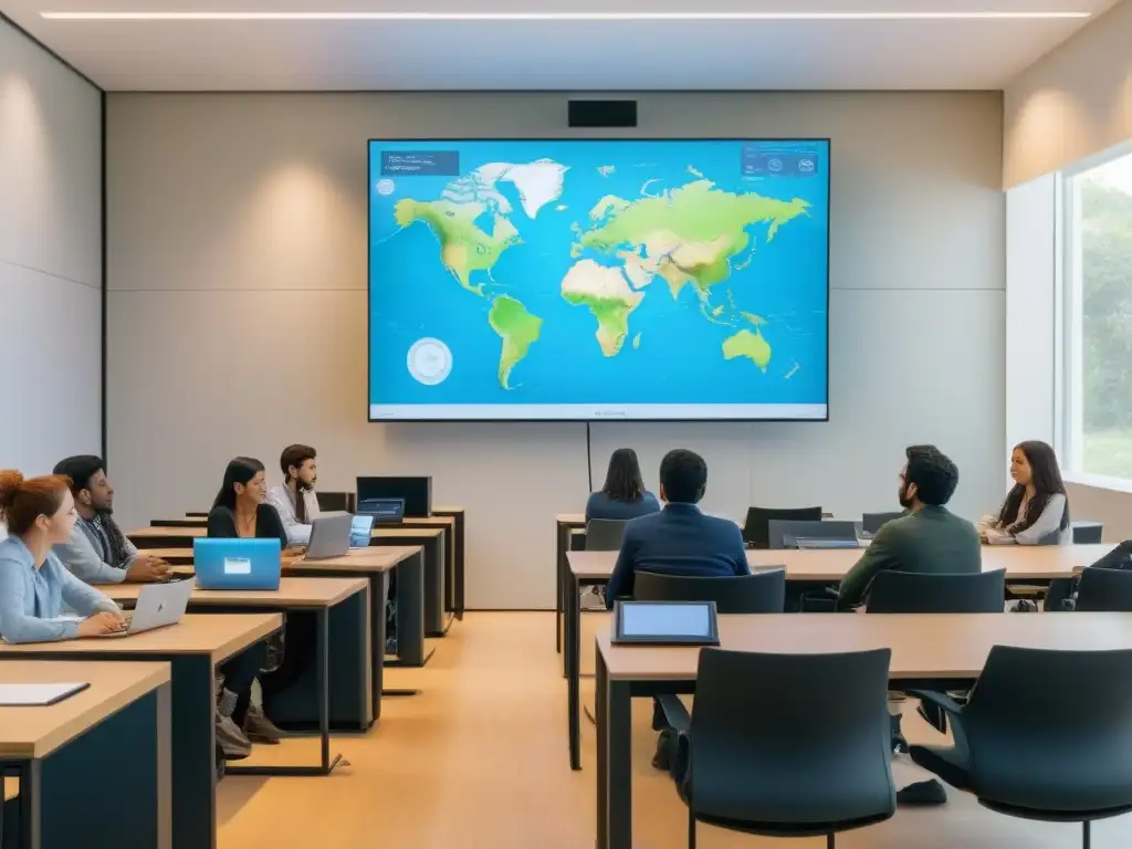 Aula innovadora en universidad de Uruguay: diversidad y tecnología Sala moderna en universidad uruguaya con equipamiento de alta tecnología y estudiantes diversos discutiendo