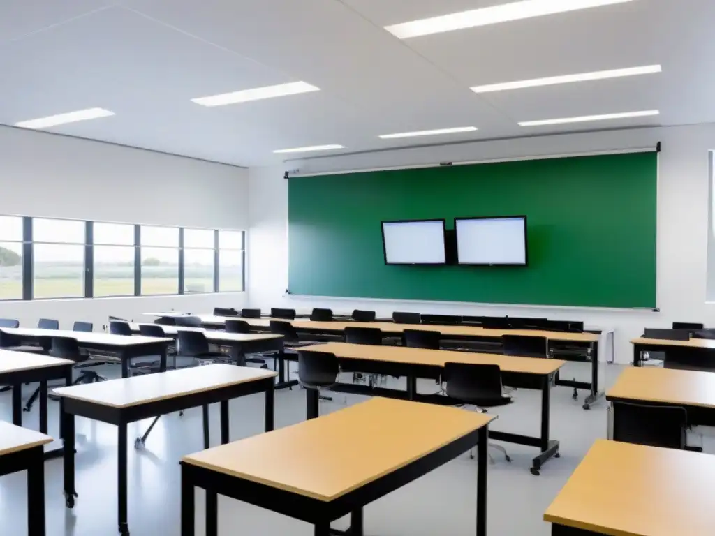 Sala moderna de educación técnica en Uruguay con equipamiento de vanguardia y estudiantes participando en actividades prácticas, integrando tecnología